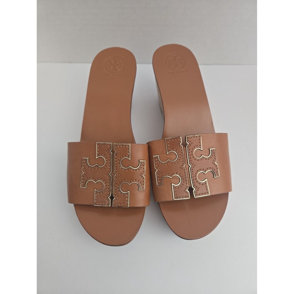 Tory Burch ines brown leather Wedge platform Slide Sandals Women’s Size 6-1/2M